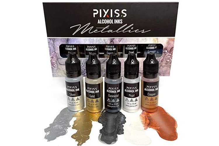 Metallic Alcohol Ink Set, Gold Alcohol Ink, Silver, Gunmetal, Copper, Pearl, Alcohol Ink Metallic Mixatives with Extreme Shimmer for Alcohol Ink Paper, Large 0.5 Ounce Inks