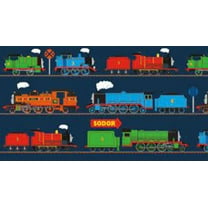 All Aboard with Thomas and Friends Train Line Navy Cotton Panel Fabric