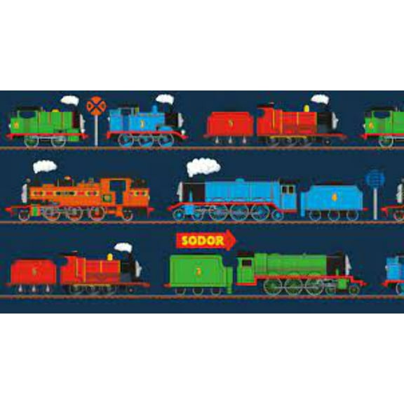 All Aboard with Thomas and Friends Train Line Navy Cotton Panel Fabric