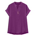 thumbnail image 3 of Gkeoshab Women's Casual Linen V-Neck T-Shirt Button Detail Short Sleeve Top Cotton Blend Relaxed Blouse Purple XXL, 3 of 9