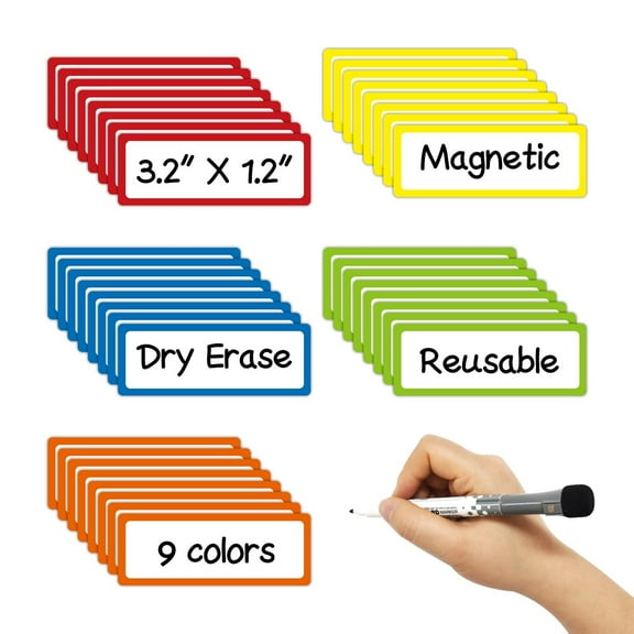Trianu 54Pcs Magnetic Dry Erase Labels 3.2"x1.2" Colorful Name Tags Flexible Reusable Magnetic Label Stickers for White Board Refrigerator Locker
