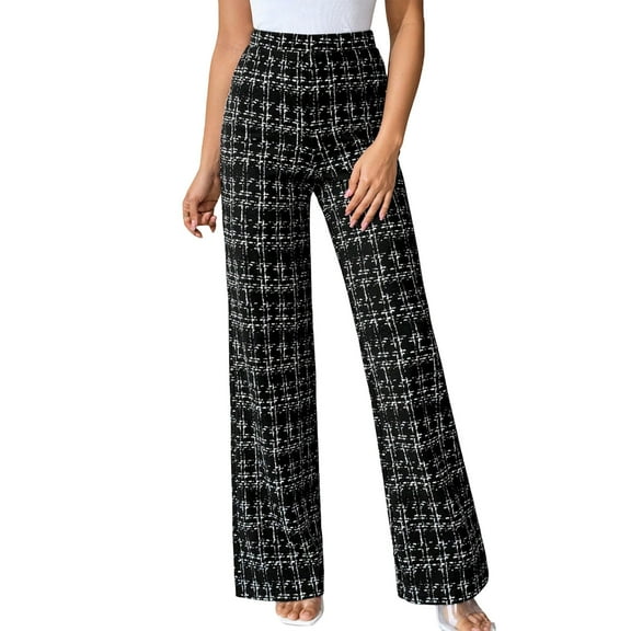 Plaid Print Pants for Women Casual High Waisted Wide Leg Pants Work Trousers Black 2XL