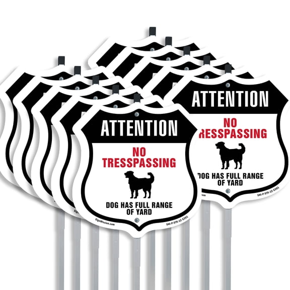 Attention No Trespassing Dog Has Full Range Of Yard (10 Pack) 12 inch X 12 inch Shield Shaped Rust-Free Aluminum Metal Signs with Aluminum Mounting Stakes Weather Resistant Made in the