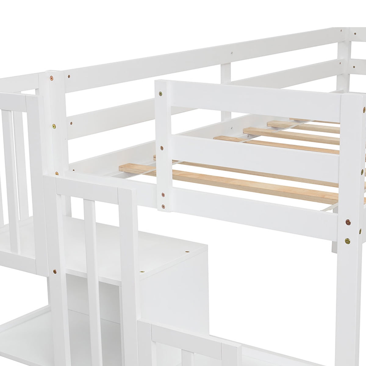 Private Jungle Loft Bed with Staircase, Storage, Full-length Safety Guardrails, No Box Spring Needed, White Private Jungle Loft Bed with Staircase, Storage, Full-length Safety Guardrails, No Box Spring Needed, White