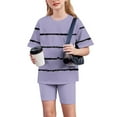 thumbnail image 4 of Ahuyic Kids Summer Casual Outfits,Boys Girls Short Sleeve Two-Piece Set,Toddler Kids Girls' New Style Fashion Cute Stripe Print Loose Soft Short Sleeve Yoga Shorts Suit, 4 of 4