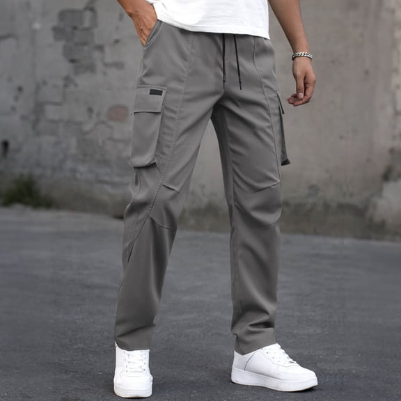 Mifsaly Straight Leg Cargo Pants for Men Drawstring Elastic Waist Baggy Pant with Multi Pockets Outdoor Hiking Training Outdoor Streetwear S