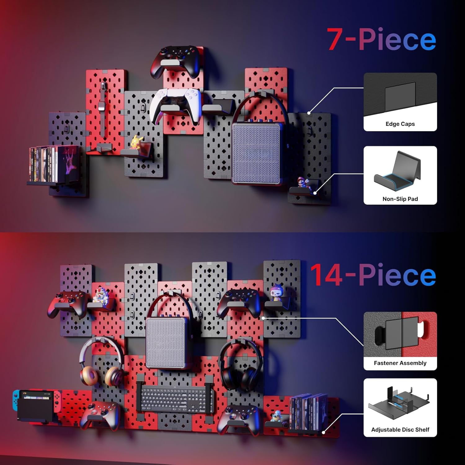 PEGZONE Controller and Headphone Holder Wall Mount, Modular Gaming Pegboard with Accessories, Controller Stand for Xbox PS5 PS4 Switch, Video Game Storage, Disc Shelf Organizer, 7pcs Pegboard, Red