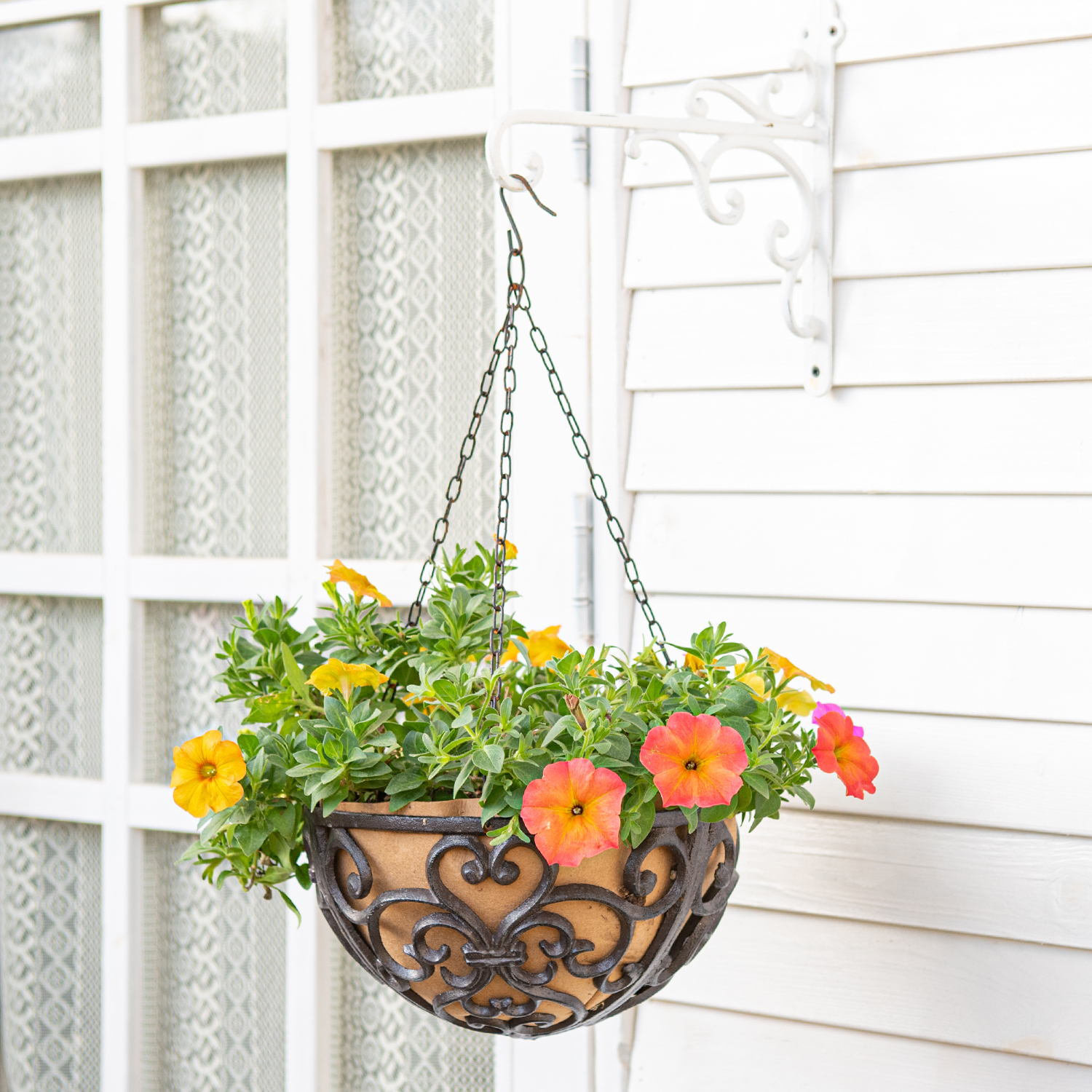 Sungmor 2PC 11" Dia. Large Cast Iron Hanging Baskets w/Fabric Liner, Rustic Brown Heavy-Duty Outdoor Hanging Planters Plant Pot Holders, Garden Yard Terrace Patio Porch Decorative Metal Flower Basket