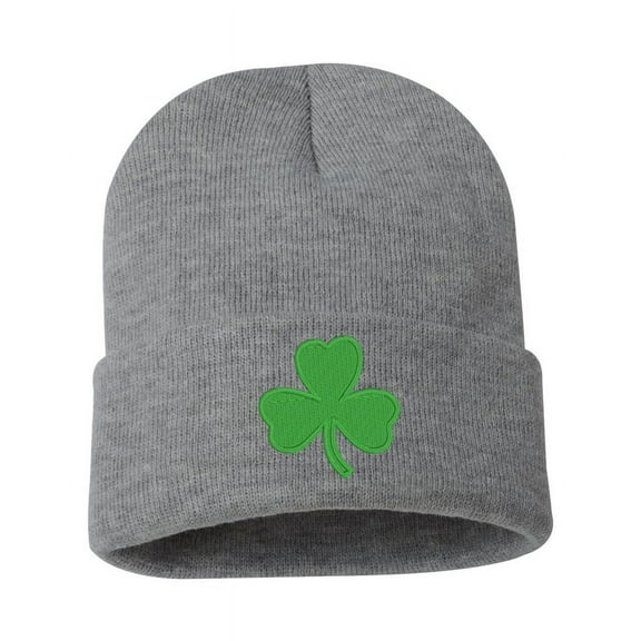 3 Leaf Clover Cuffed Embroidered Beanie Hat by STICKER DAD (Color: Dark Heather w/Kelly Green Thread)