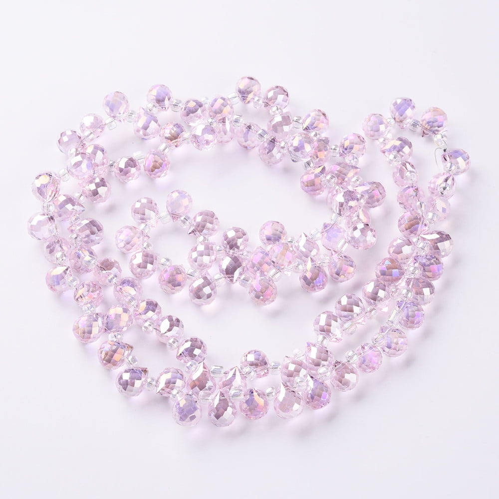 Transparent Glass Beads Strands Top Drilled Beads AB color Faceted Teardrop Pink Teardrop: 9.5x8mm Hole: 0.8mm Beads: 3~4x2.5~3.5mm about 95pcs/strand 21.65 inch(55cm)