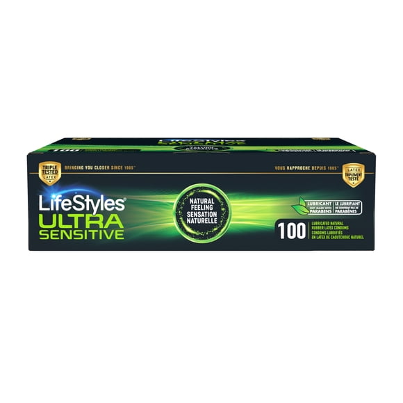 LifeStyles Ultra Sensitive Premium Lubricated Natural Latex Condoms Value Pack, 53 Nominal Width, 100 Count