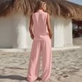 thumbnail image 5 of Women's 2 Piece Linen Blend Outfit Sleeveless Shawl Collar Top Wide Leg Pants Set Casual Loose Fit Summer Business & Lounge Wear, Vacation Trendy Sets Pink XXL, 5 of 6