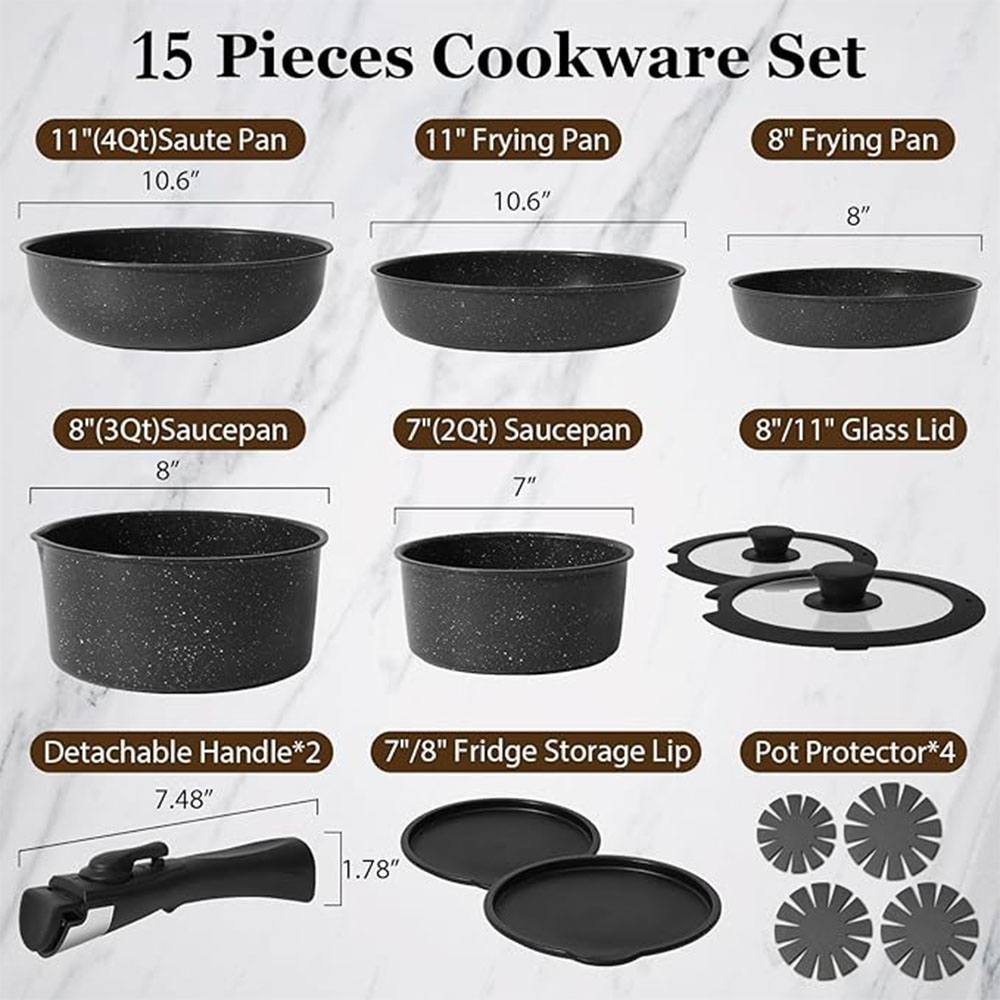 15Pcs Pots and Pans Set Nonstick Cookware Set with Removable Handles, Oven Safe, Induction Compatible - Black