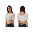 thumbnail image 2 of Gupgi Women's Off Shoulder Cropped Tops Lace Embroidery Short Puff Sleeve Show Navel T-Shirts, 2 of 8