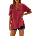 thumbnail image 4 of LEKODE Linen Tops for Women 3/4 Sleeve Everyday Shirt V Neck Loose Clothes Shirts for Women Casual Gauze Tunic Cotton Tops Boho Clothes Summer Tees Button Down Button Blouses Gauze Shirts Red 2xl, 4 of 7