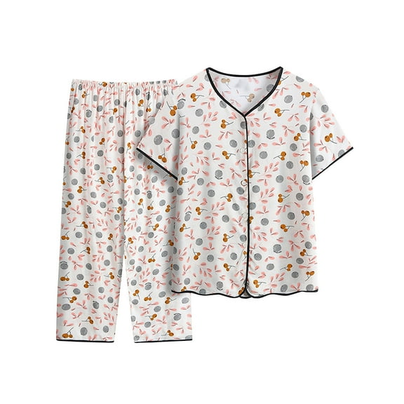 Lovskoo 2024 Lounge Sets for Women Plus Size Summer Casual Short Sleeved V Neck Button Front Top Shirt Capri Pajama Pants Set Comfortable Breathable Pajamas 2 Piece Sets White 2XL
