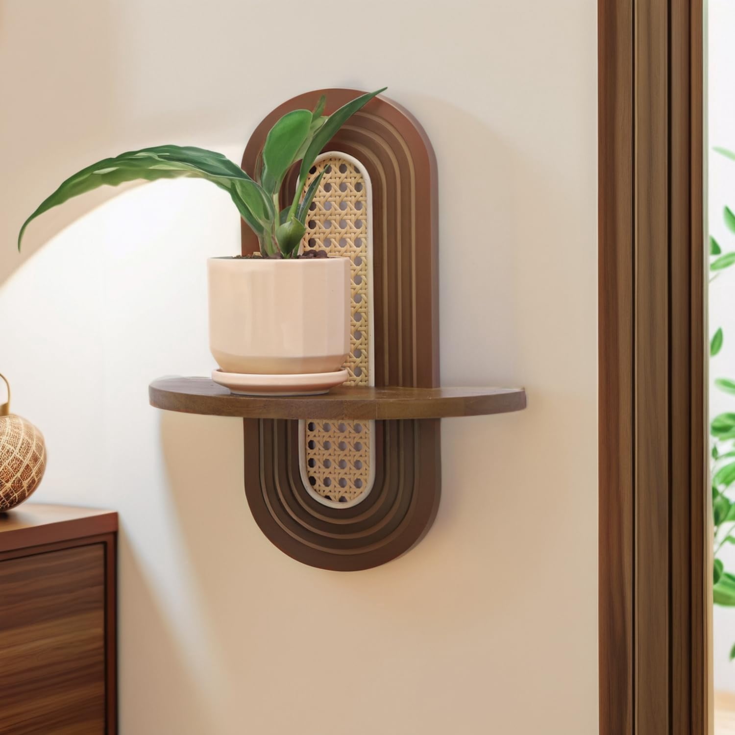 Floating Shelves for Wall, Boho Rattan Shelf Set of 2, Nature Wood Shelves for Living Room, Bedroom