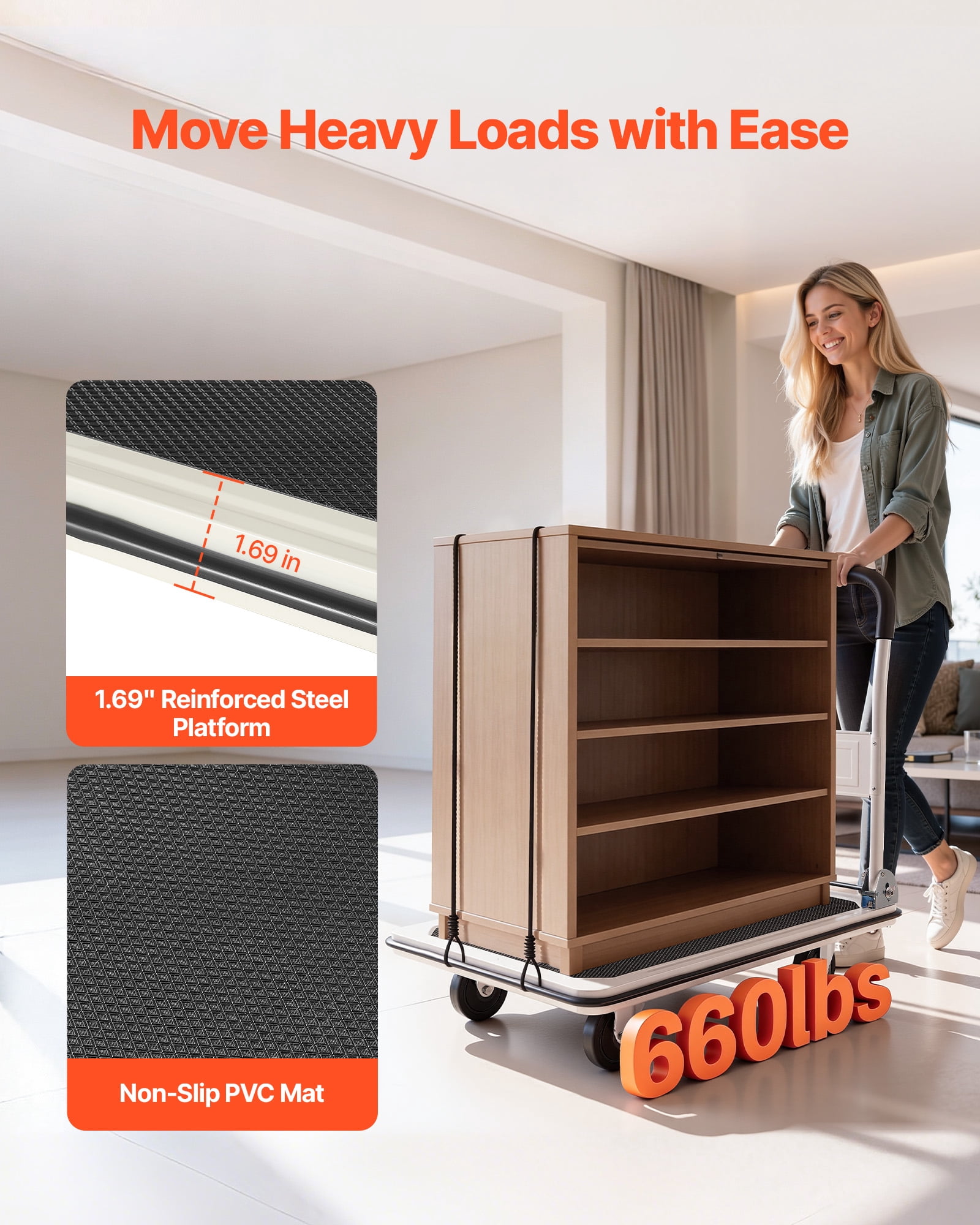 VEVOR Foldable Push Cart Dolly, 660 lbs Load Capacity, Folding Platform Truck with Swivel Wheels, Moving Platform Hand Truck Flatbed Cart, Space Saving Push Handle, 35.4 x 34.3 x 24 in