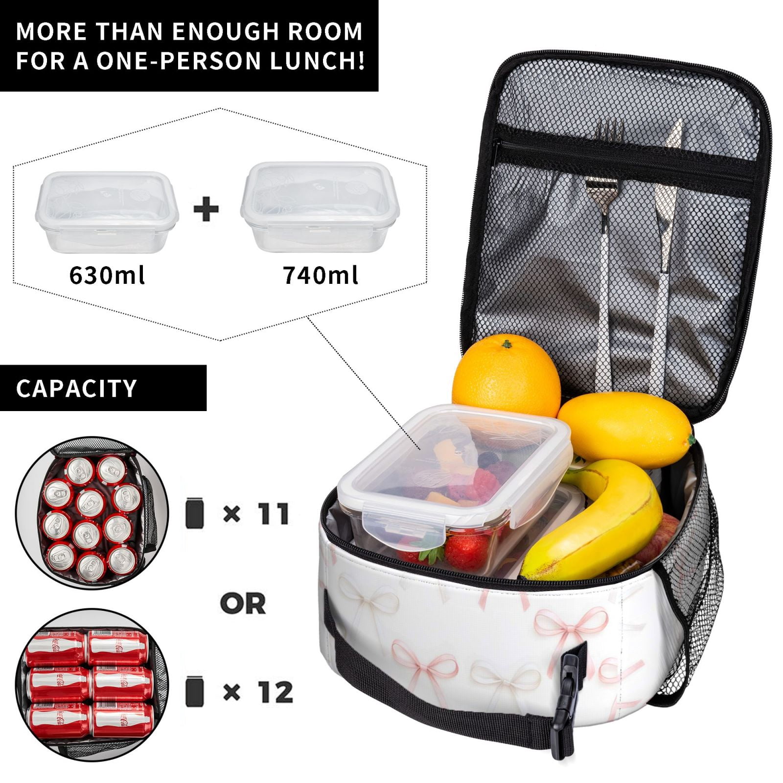 Lunch Bag For Women Men Insulated Portable Lunch Box Bento Box Office Picnic Travel Cooler Bag Pink And White Bow Tie