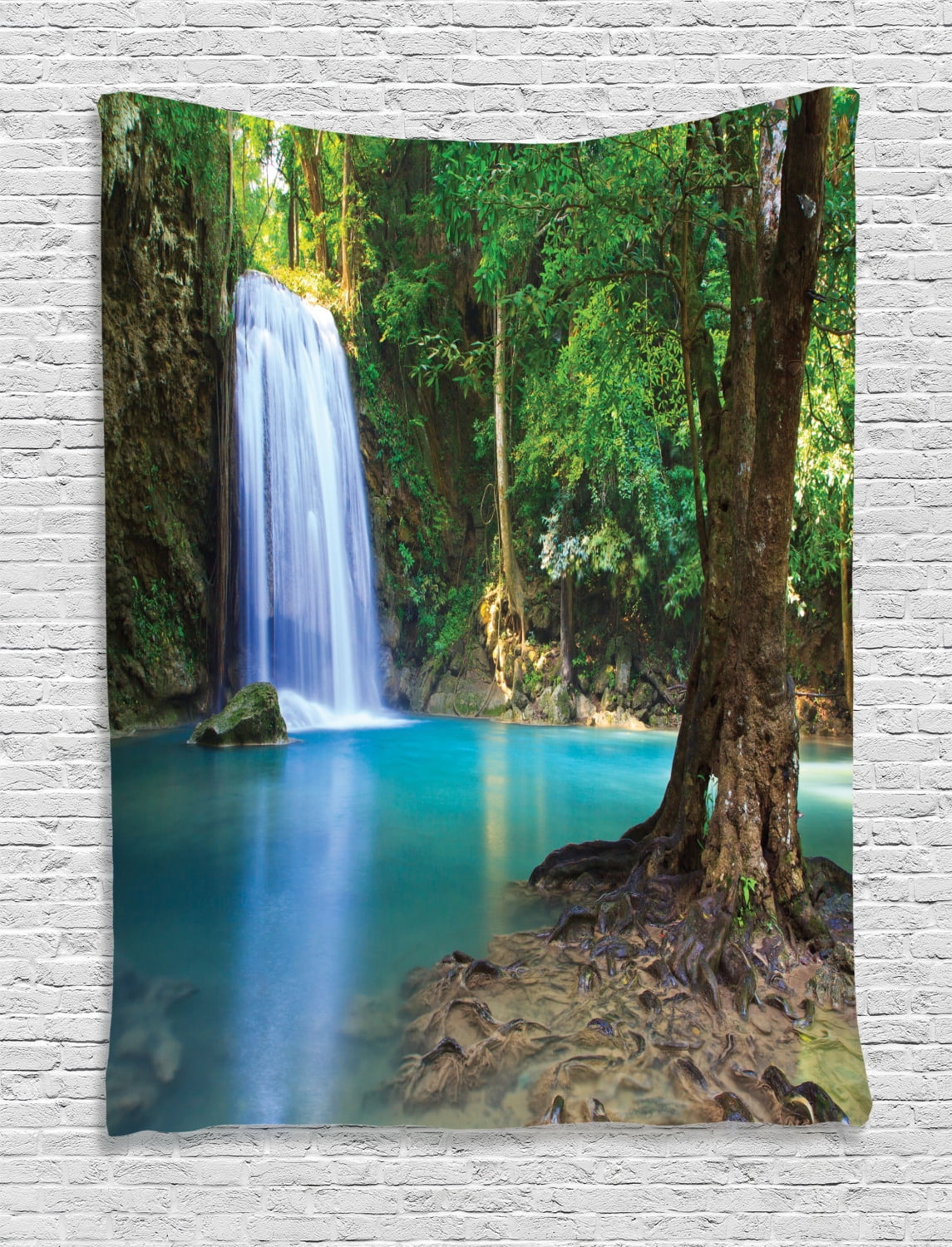 Woodland Decor Wall Hanging Tapestry, Waterfall Asia Thailand Jungle