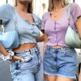 thumbnail image 2 of Tank Crop Tops Y2K Women Button Knitted Short Sleeve - Blue, 2 of 2
