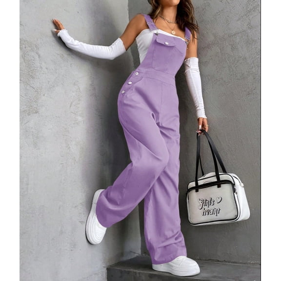 Purple Loose Wide-Leg Overalls Cargo Pants for Women, Adjustable Shoulder Straps Casual Jumpsuit with Functional Pockets