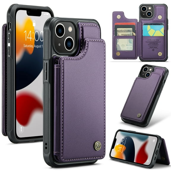 for iPhone 13 Premium PU Leather Back Case, Multiple Card Slots Design, Double Magnetic Clasp Study Kickstand RFID Blocking Classic Phone Cover for iPhone 13, Purple