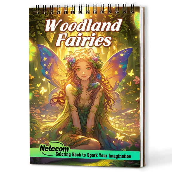Netecom Woodland Fairies Coloring Book Spiral Bound for Adults, Wooden Cover, 30 Beautiful Fairy Coloring Pages in Enchanting Forest for Stress Relief and Relaxation