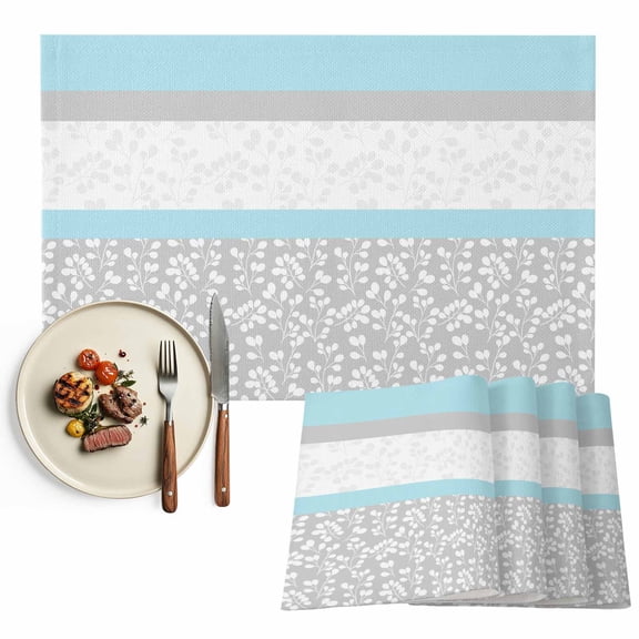 Placemats Set of 6, Sky Blue Grey Leaves Place Mats Stitching Stripes Tablemats Washable Placemat Table Decoration for Kitchen Table Dinner Party Home Decor Indoor Outdoor 13x19 Inch