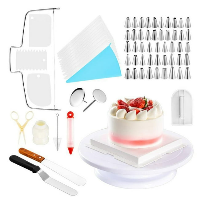 Amdohai 73Pcs Cake Decorating Tool Kit with fondant supplies, including a rotating turntable, 48 stainless steel piping nozzles, silicone pastry bag, icing spatulas, cake cutter, flower nails, scrapers, and other cake piping tools. Perfect for cake decorators and baking enthusiasts.