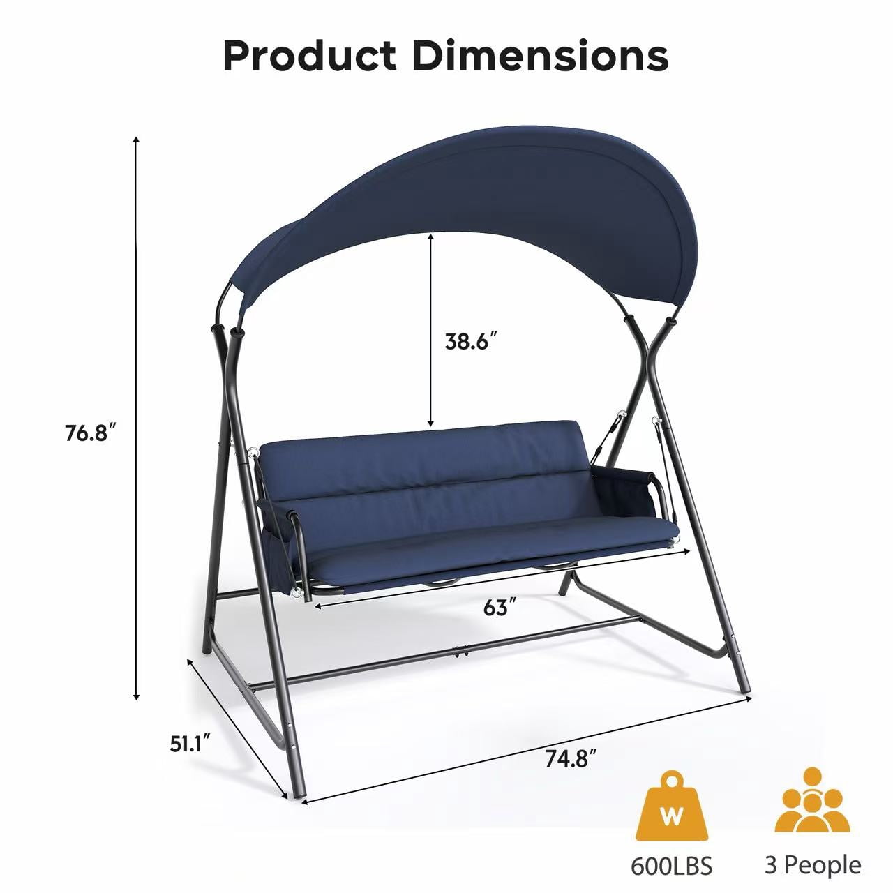 3-Person Outdoor Patio Swing Chair, Heavy-Duty Metal Frame Garden Porch Swing with Cushion