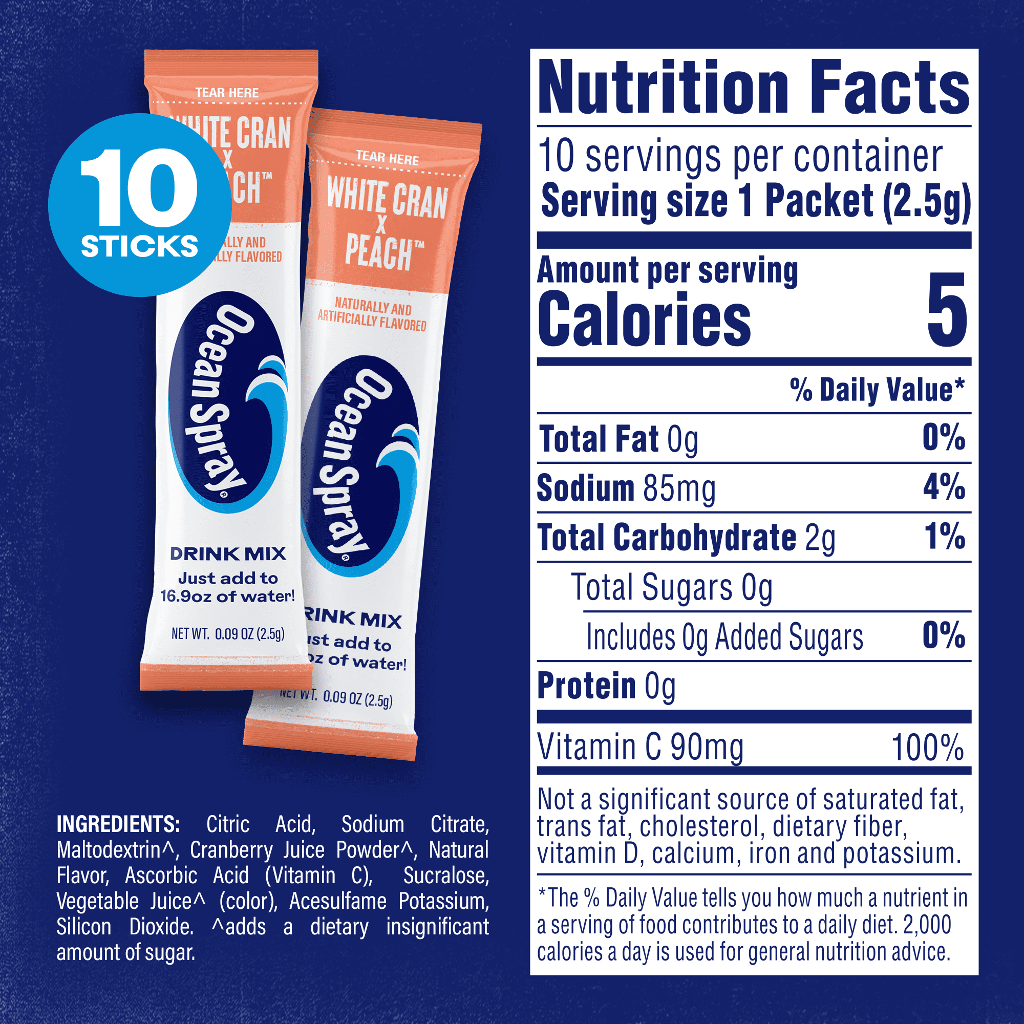 Ocean Spray On-The-Go Powdered Drink Mix, White Cran Peach, Zero Sugar, 10 Count