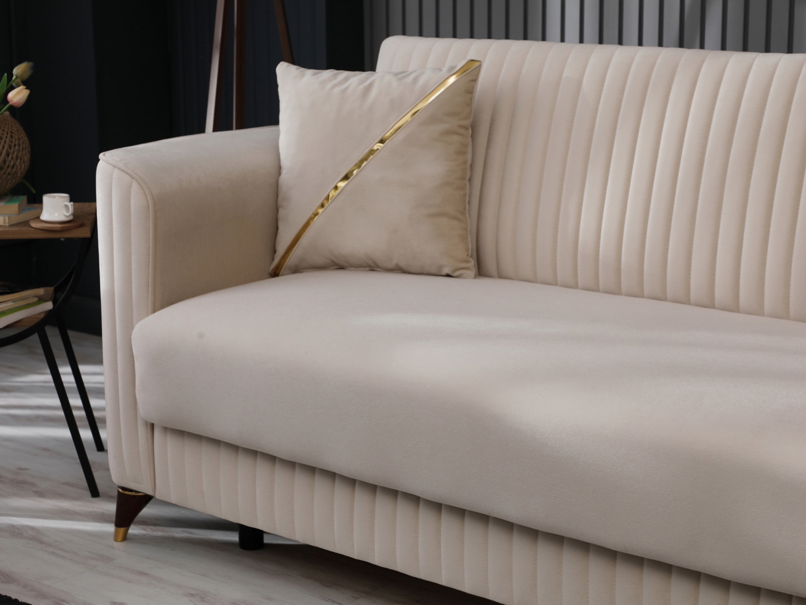 Ottomanson 90" Convertible Sofa Couch for Living Room, Microfiber Modern Sofa Bed with Storage, Beige