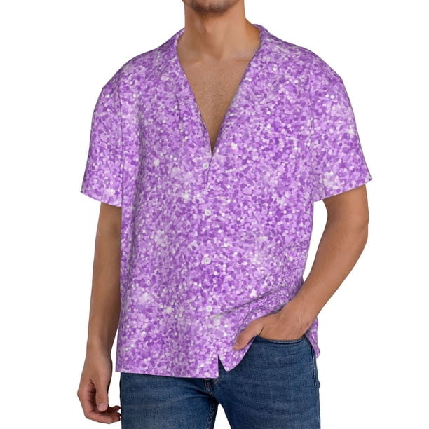 Fotbe Lilac Glittering Camisa Estampada de Manga Corta para Hombre, Casual de Verano, Estilo Playero, Sin Arrugas-XX-Large
