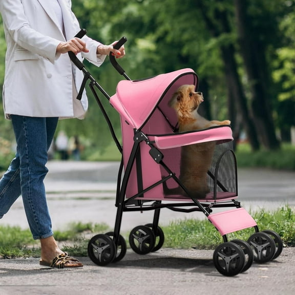 Pet Stroller for Small Dogs & Cats, 10-22lbs, Pink, Rear Storage