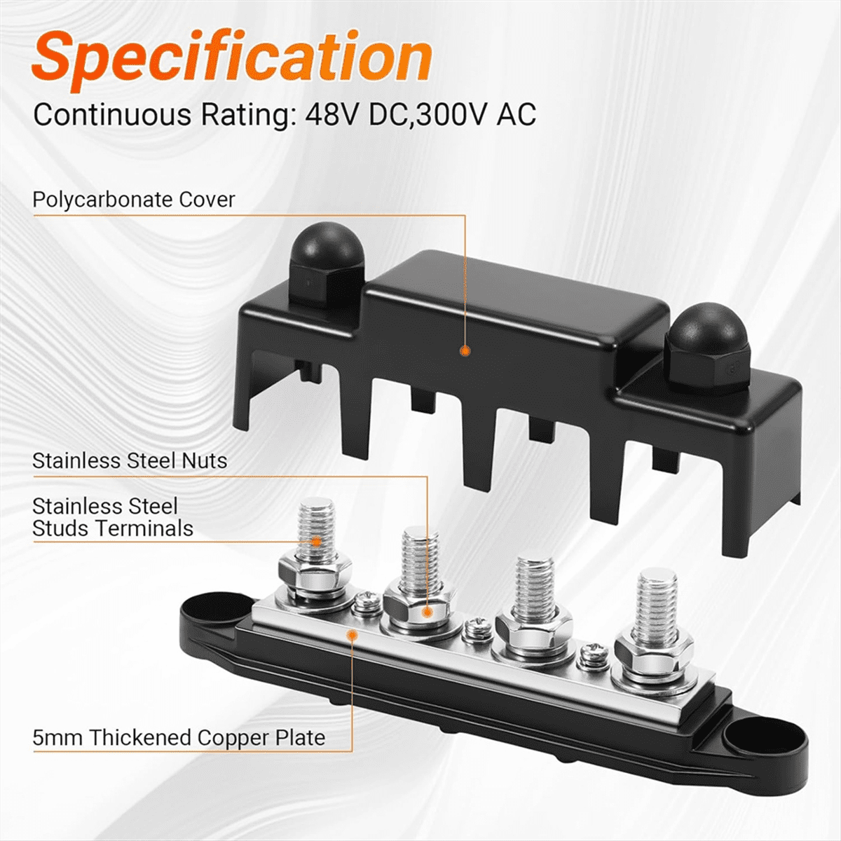 Power Distribution Block, 12V 300A Bus Bar, 3/8Inch Studs Terminal Strip, 12-48V Heavy Duty Terminal Block