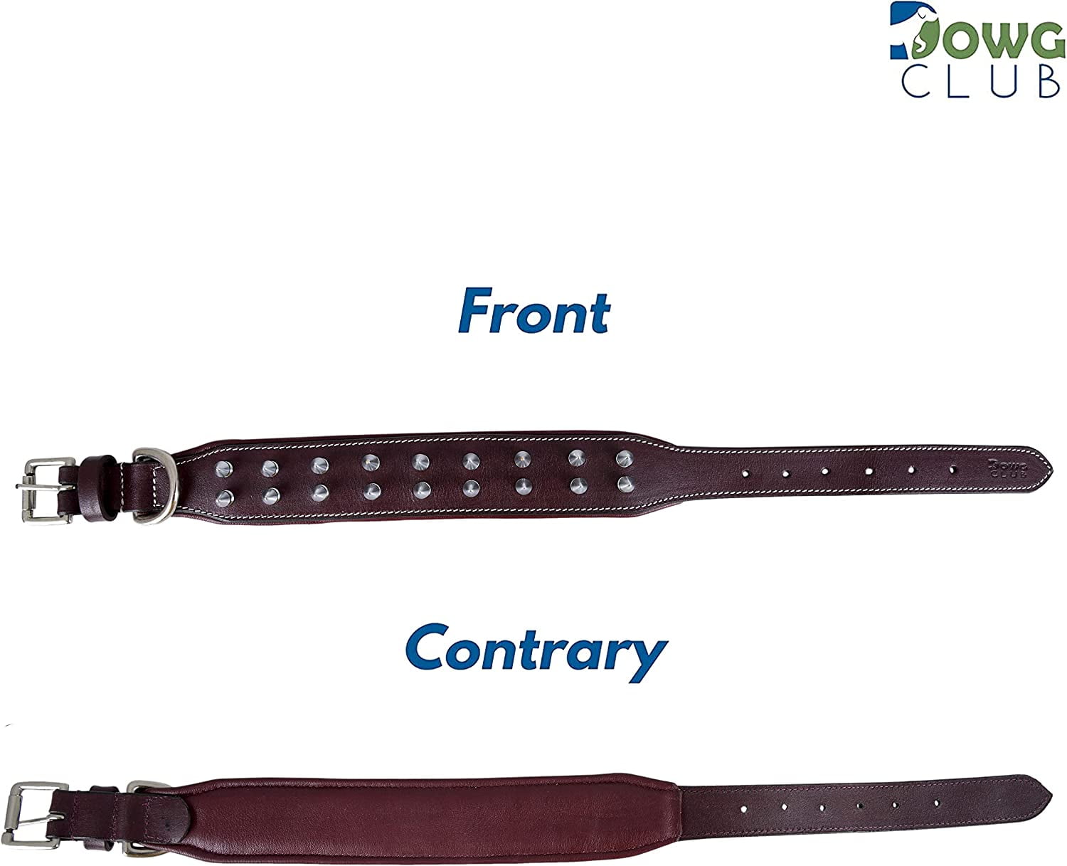DowgClub | Genuine Leather Heavy Duty Spiked Dog Collar | Full Grain, Cushion Sheep napa padding Inside, Comfortable, Strong | Best for Medium, Large, X-Large Breeds | Cherry, Black, Pink, Tan |