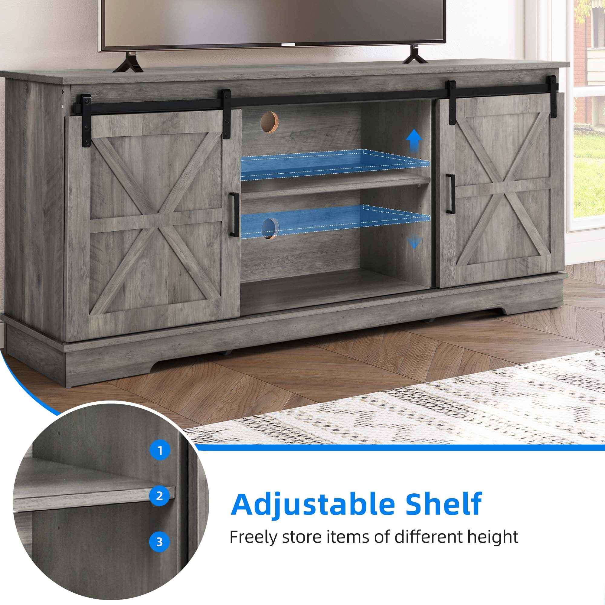 FunniHomi 58 Inch Farmhouse TV Stand Entertainment Center with Sliding Barn Doors and Storage Cabinets for TVs up to 65 Inches