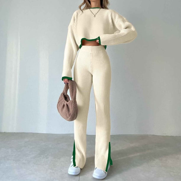 Puntoco Jersey de punto de invierno en contraste para mujer con suéter corto de cuello redondo y pantalones divididos conjunto de dos piezas Puntoco Puntoco-8999