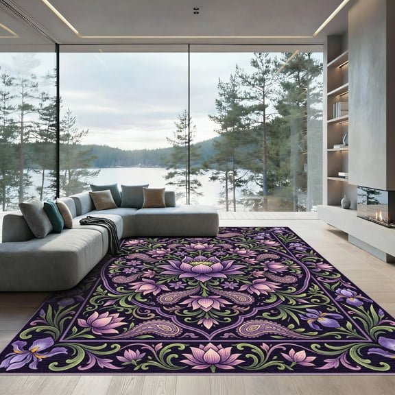 ODIKA 4' x 6' Machine Washable Non-Slip Area Rug, oriental paisley High Traffic Rug, Purple, 1182712