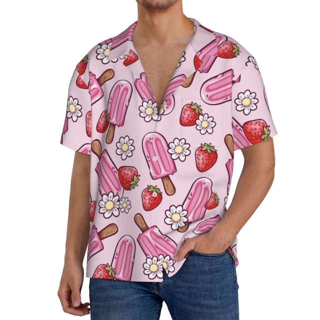 Fotbe Strawberry Popsicle Camisa Estampada de Manga Corta para Hombre, Casual de Verano, Estilo Playero, Sin Arrugas-Medium