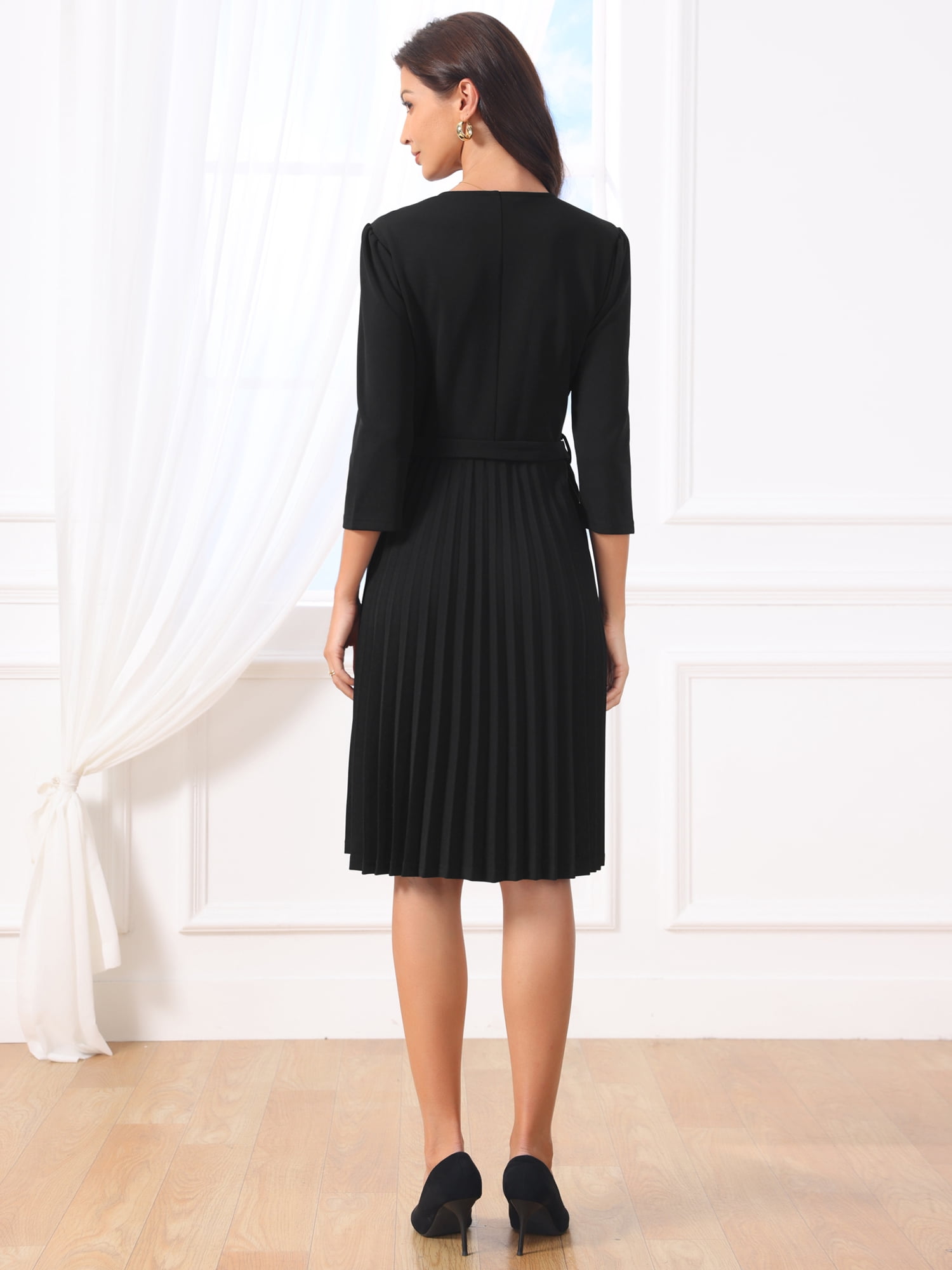 DARING DIVA Women's Stylish Elegant Work A-Line Dress with 3/4 Sleeve and V Neck S Black