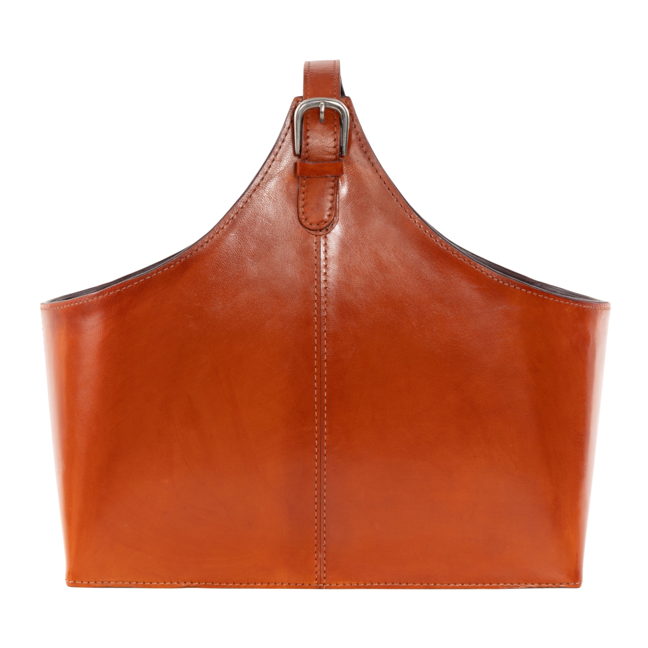 DecMode 15" Brown Leather Handmade Box Style Magazine Holder with Detail Stitching and Curved Buckle Handle