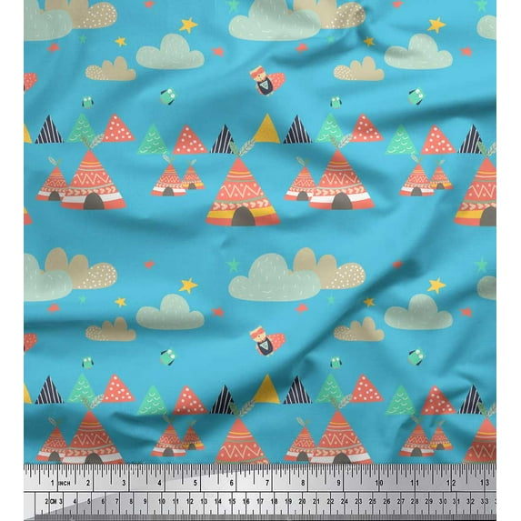 Soimoi Blue Cotton Voile Fabric Tribal Hut,Star & Cloud Nature Print Fabric by the Yard 56 Inch Wide