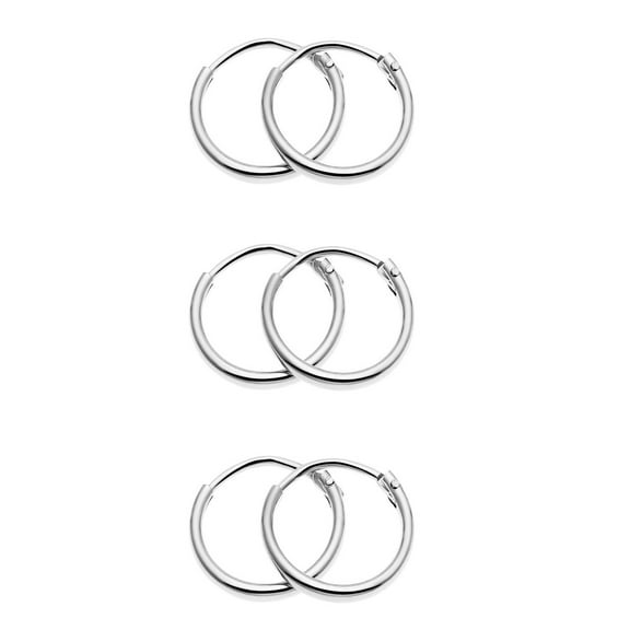 Tiny Sterling Silver Small Endless 10mm Round Unisex Hoop Earrings, 3 Pairs Set