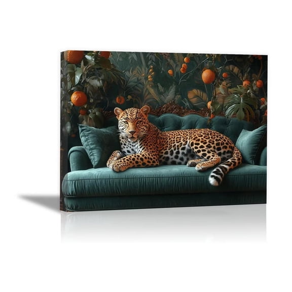 Mudket Leopard on Green Sofa with Orange Tree Canvas Wall Art, Vintage Tropical Luxury Wall Pictures for Living Room Print for Apartment Home Decor , Framed Ready to Hang - 12"L x 8"W