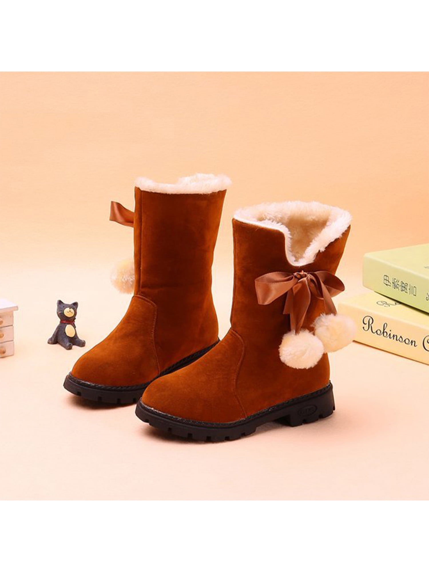 Womens Winter Mid-Calf Boots Top Pull On Bowknot Plush Snow Shoes Sneakers