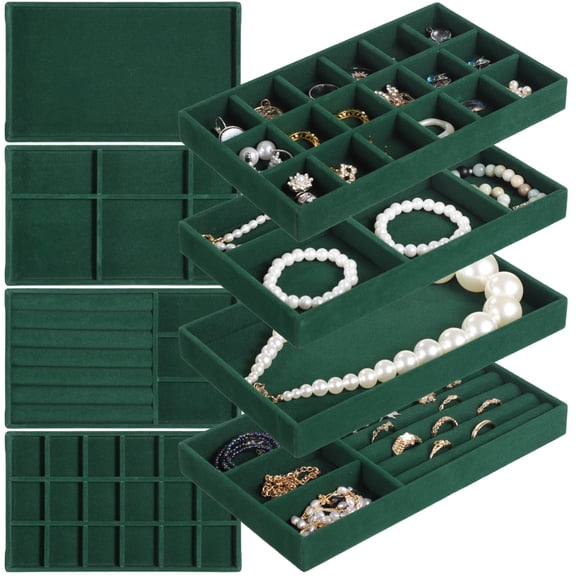 8 PCS Jewelry Drawer Organizers, Velvet Jewelry Tray for Drawer, Multiple Compartment Layouts, Detachable Divider, Stackable Trays for Rings, Earrings, Bracelets, Necklaces