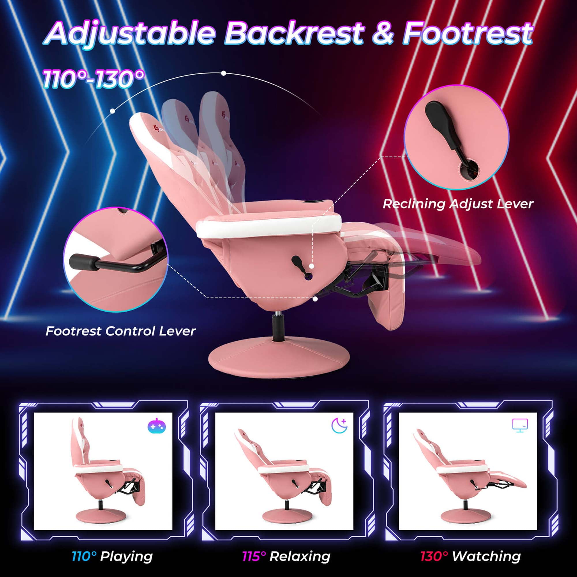 Goplus Massage Gaming Recliner Height Adjustable Racing Swivel Chair with Cup Holder Pink