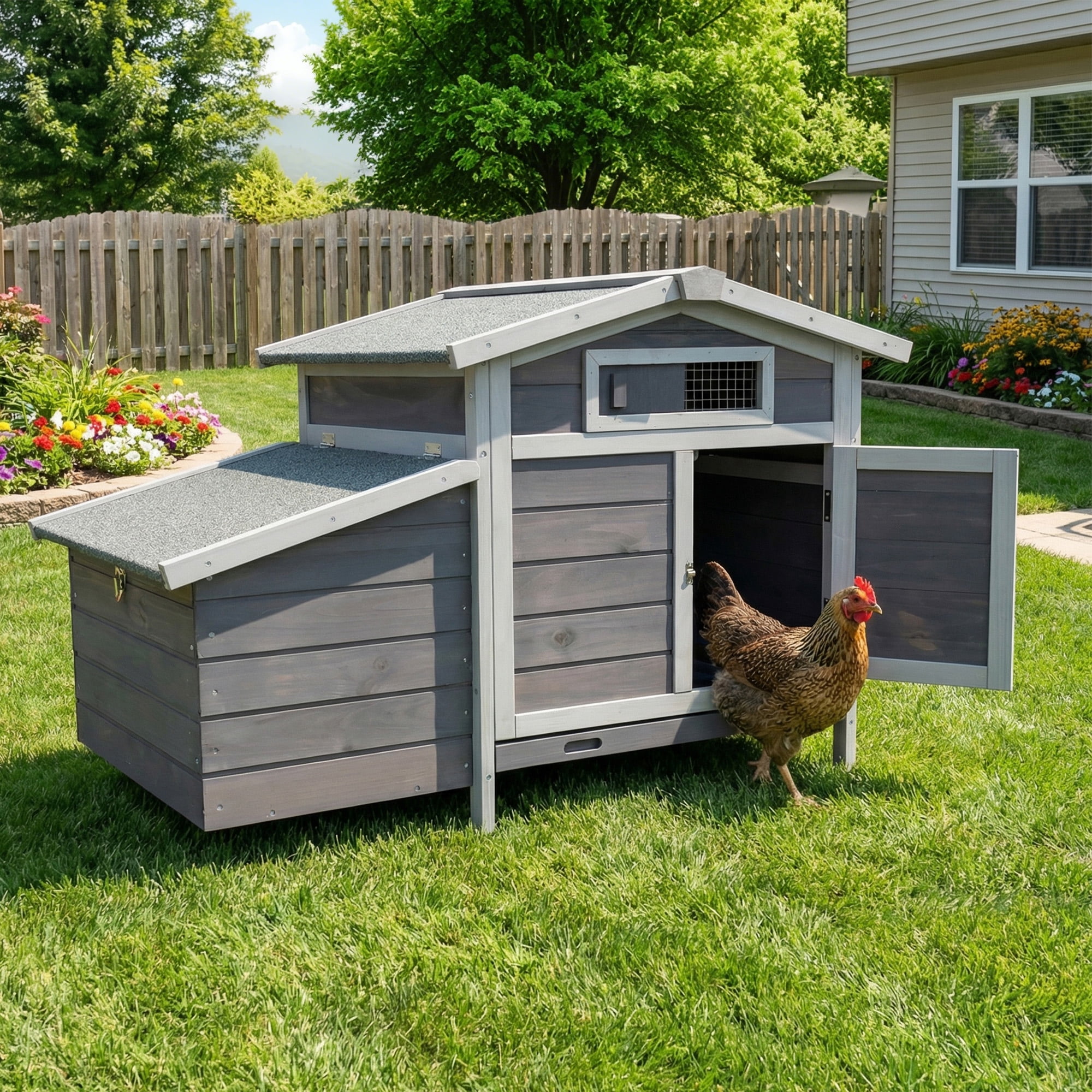 Outdoor Free-Range Wooden Chicken Coop with Asphalt Roof, Pull-Out Tray, Nesting Box with Easy Access, Front & Side Doors with Metal Latches